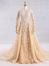 Champagne Tulle Long Sleeve Nude Color Tulle Crystal Royal Party Dress